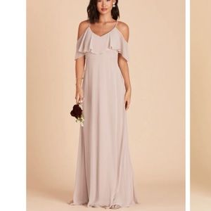 BIRDY GREY JANE RUFFLE NECKLINE CHIFFON TAUPE MAXI DRESS SIZE MEDIUM NWOT